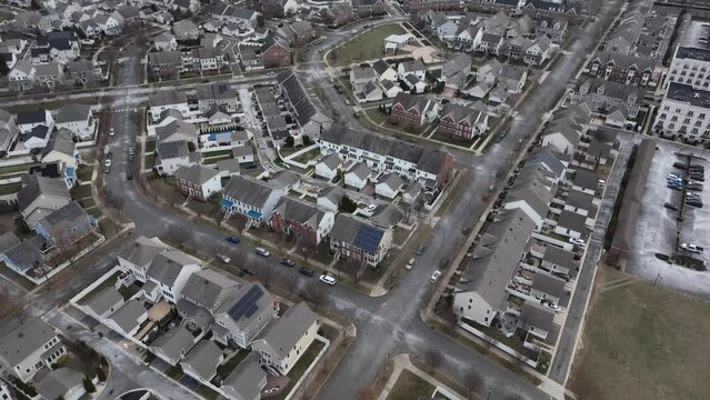 Aerial drone footage of urban buildings in Robbinsville Township, New Jersey, United States