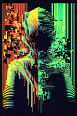 Hacker glitch poster, orange and green background. Illustration created with generative AI tools.
