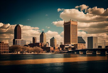 Downtown Toledo skyline overlooking the Maumee River in Ohio, USA. Generative AI - obrazy, fototapety, plakaty