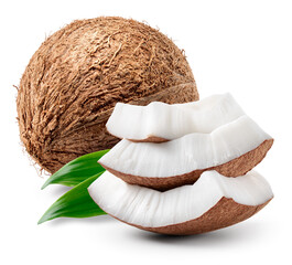 Coconut isolated. Coconut with slice and piece on white background. Perfect retouched Coco nut with...