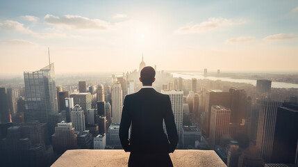 Obraz na płótnie Canvas Rear view of businessman looking at New York city skyline with sunlight, Generative AI