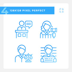 Trial process participants pixel perfect gradient linear vector icons set. Law punishment for criminal. Thin line contour symbol designs bundle. Isolated outline illustrations collection