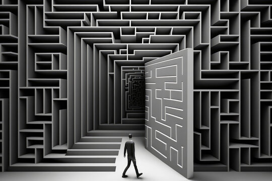Man in the maze is looking for a way out. Concept of finding right in life (Generative AI)