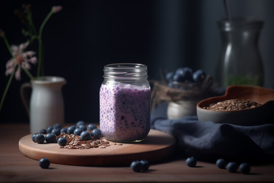 Blueberry and almond milk smoothie with chia seeds, generative ai