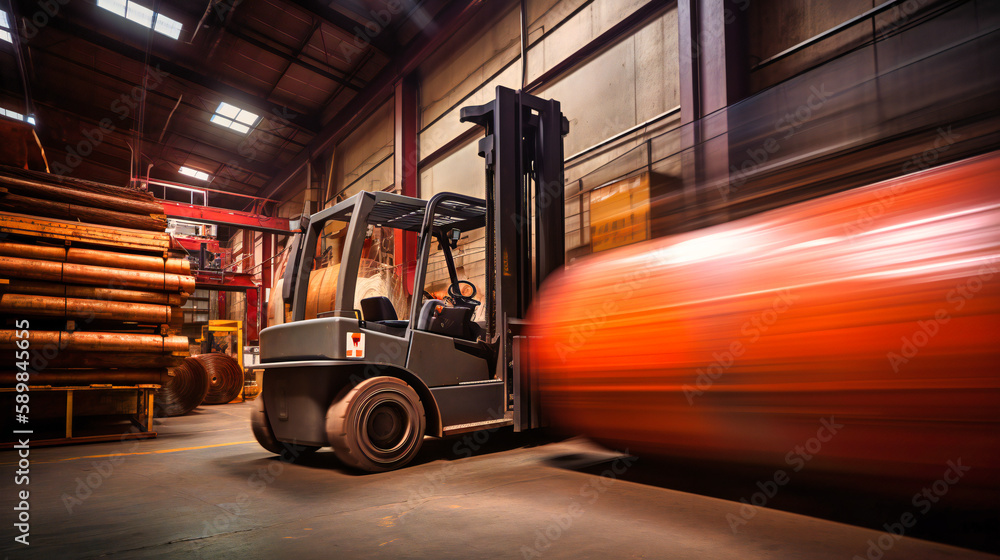 Poster a dynamic shot capturing the movement of machinery transporting steel rolls, utilizing slow shutter 