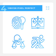 Crime evidences performing in court pixel perfect gradient linear vector icons set. Investigation of accident. Thin line contour symbol designs bundle. Isolated outline illustrations collection