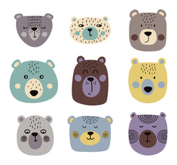 Set of cute  bears or kids and baby t-shirts and wear, posters and greeting cards. Bear faces with different emotions 