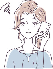 困り顔で通話する女性　電話が繋がらない女の人　連絡が取れなくて心配する人物　イラスト素材