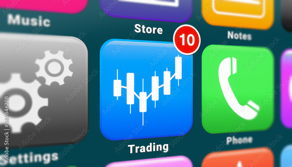 Poster illustation of a smartphone screen. in focus a trading app with notifications.