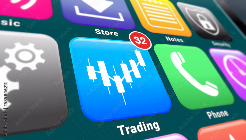 Poster illustation of a smartphone screen. in focus a trading app with notifications.
