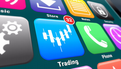 Illustation of a smartphone screen. In focus a trading app with notifications.