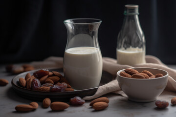 Homemade almond milk with vanilla and dates, generative ai