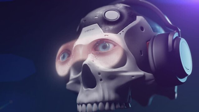 stylized human skull with holographic effect of randomly appearing images