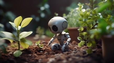 Cute robot tending flowers in a garden. Earth day concept of ai and technology helping environment generative ai