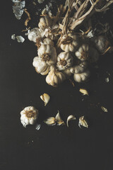 Garlic bulbs on black rustic metal background