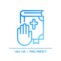 Oath on Bible in law court pixel perfect gradient linear vector icon. Religious ritual in judgement. Promise of witness. Thin line color symbol. Modern style pictogram. Vector isolated outline drawing