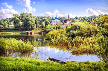 Summer landscape on the Klyazma river and Annunciation Cathedral, Gorokhovets