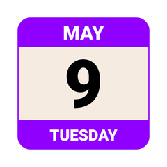 9 May, Tuesday. Date template. Useful design for calendar or event promotion. Vector illustration EPS 10 File.