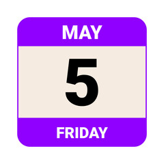5 May, Friday. Date template. Useful design for calendar or event promotion. Vector illustration EPS 10 File.