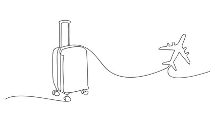 Suitcase and airplane in one continuous line drawing.Traveling. Vector illustration