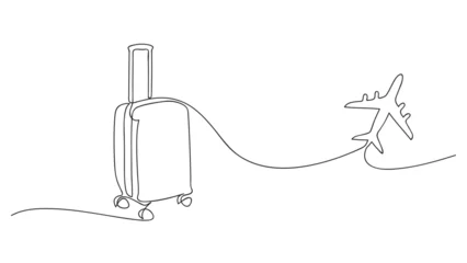 Cercles muraux Une ligne Suitcase and airplane in one continuous line drawing.Traveling. Vector illustration