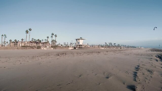 Landscape of a lifeguard tower on the Huntington Beach in California