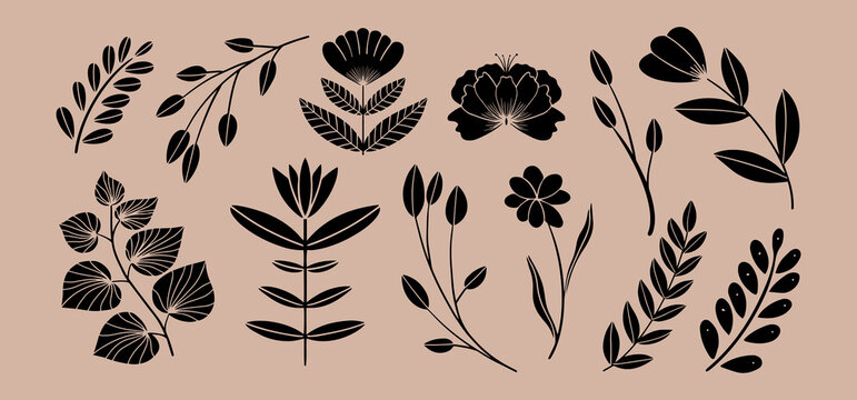 Fototapeta Ornamental flowers and leaves in different shapes. Motif in scandinavian style set. Ethnic flat illustration in black.