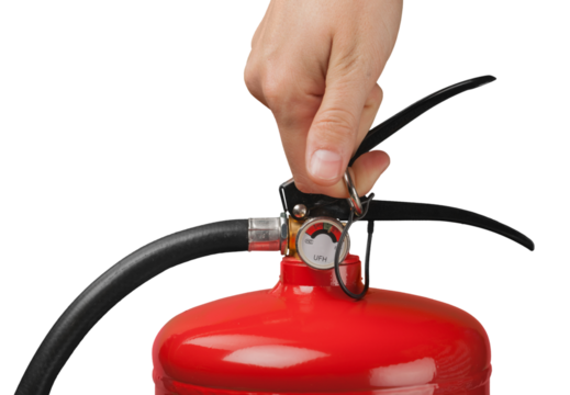 Hand Holding the Ring of a Fire Extinguisher