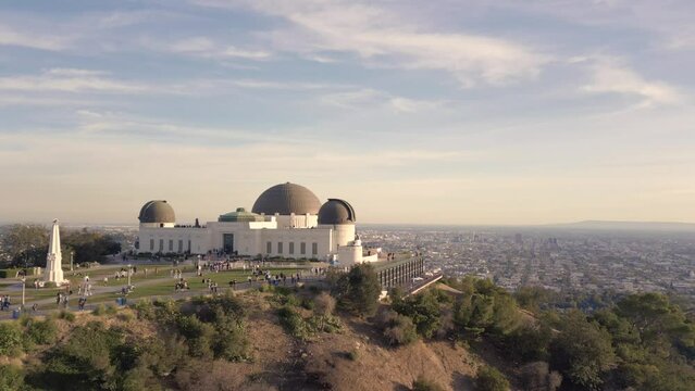 Aerial shot of the Griffith Observatory under the clouds in Los Angeles, California