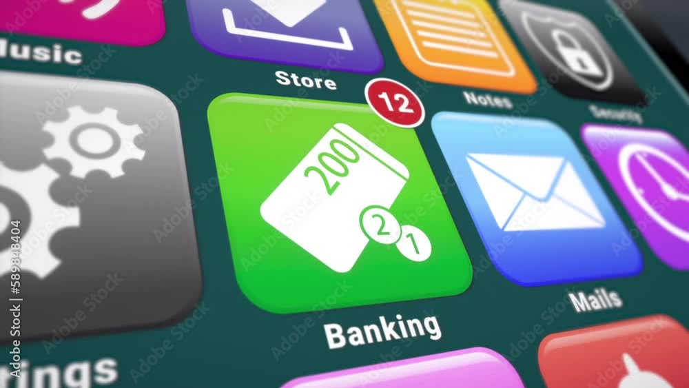 Poster video animation of a smartphone screen. in focus a banking app with notifications. moving background