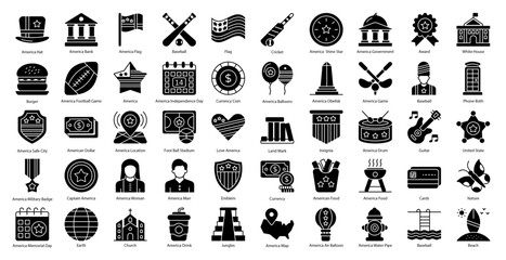 America Glyph Icons American Flag Dollar Icon Set in Glyph Style 50 Vector Icons in Black