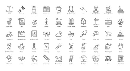 Garden Thin Line Icons Gardening Digging Dollar Icon Set in Outline Style 50 Vector Icons in Black