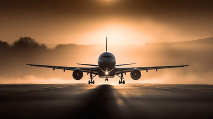 Fototapeta na wymiar Passenger airplane landing at sunset. Generative AI