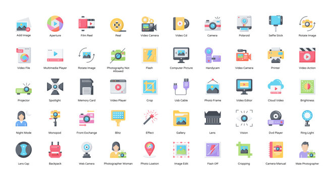 Photography Flat Icons Camera Photo Picture Icon Set in Color Style 50 Vector Icons in Black