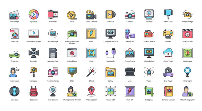 Photography Filled Line Icons Camera Photo Picture Icon Set in Color Outline Style 50 Vector Icons in Black