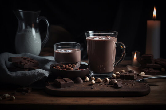 Homemade hot chocolate with almond milk and dark chocolate, generative ai