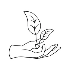 Vector linear icon - human hand holding growing plant isolated on white background. Concept emblem or logo design of ecology, eco friendly, green world, recycling. Editable stroke