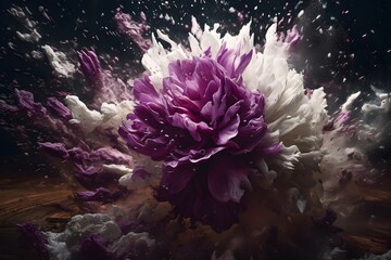 Naklejka na ściany i meble A Burst of Purple and White: Floral and Paint Explosion in the Air, Generative AI
