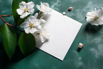 White card with flowers on a green marble table, Generative AI