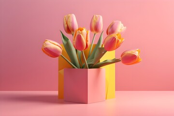 Bouquet of tulips in a vase, minimalistic style backround, mockup, Generative AI