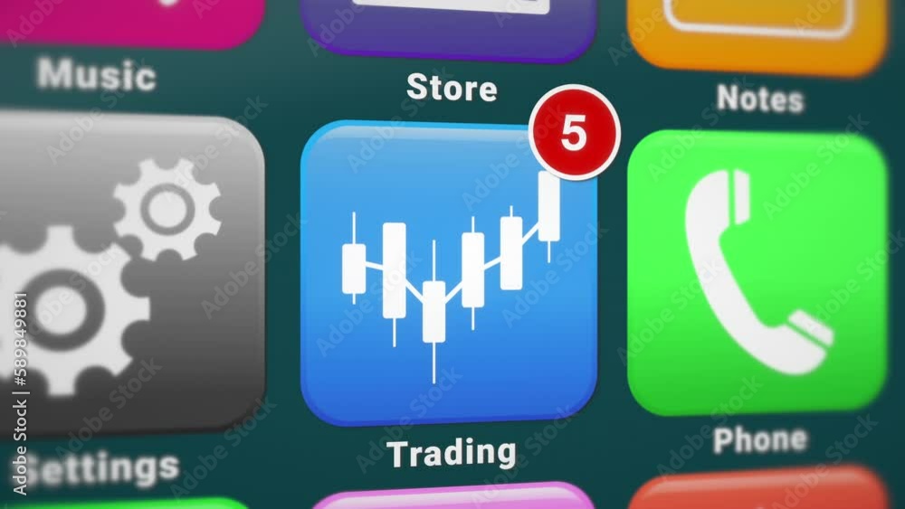Aufkleber video animation of a smartphone screen. in focus a trading app with notifications. moving background
