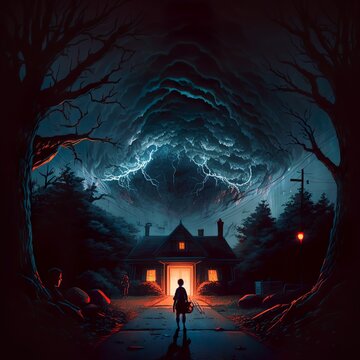 Scary Background Stranger Things Horror Isekai there is a child standing on the street in dark night alone thick clouds torrential rain lamp lighting very boy little shadow stormy Generative AI 