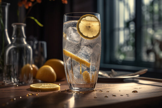 Sparkling water with fresh lemon and ginger, generative ai