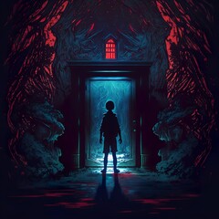 Scary Background Stranger Things Horror Isekai there is a child standing on the street in dark night alone thick clouds torrential rain lamp lighting very boy little shadow stormy  Generative AI 