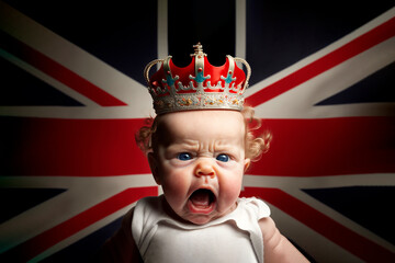 baby with English flag and crown, Ai generative - obrazy, fototapety, plakaty