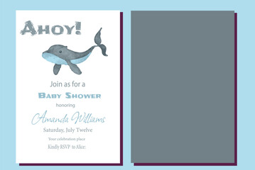 Whale Nautical  themed Blue Boy Baby Shower Invitation