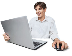 Portrait of handsome happy young man sitting with laptop with arms outstretched isolated on white
