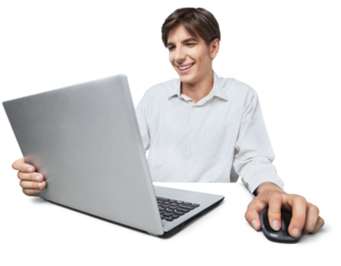 Portrait of handsome happy young man sitting with laptop with arms outstretched isolated on white