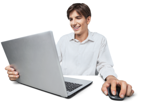 Portrait of handsome happy young man sitting with laptop with arms outstretched isolated on white