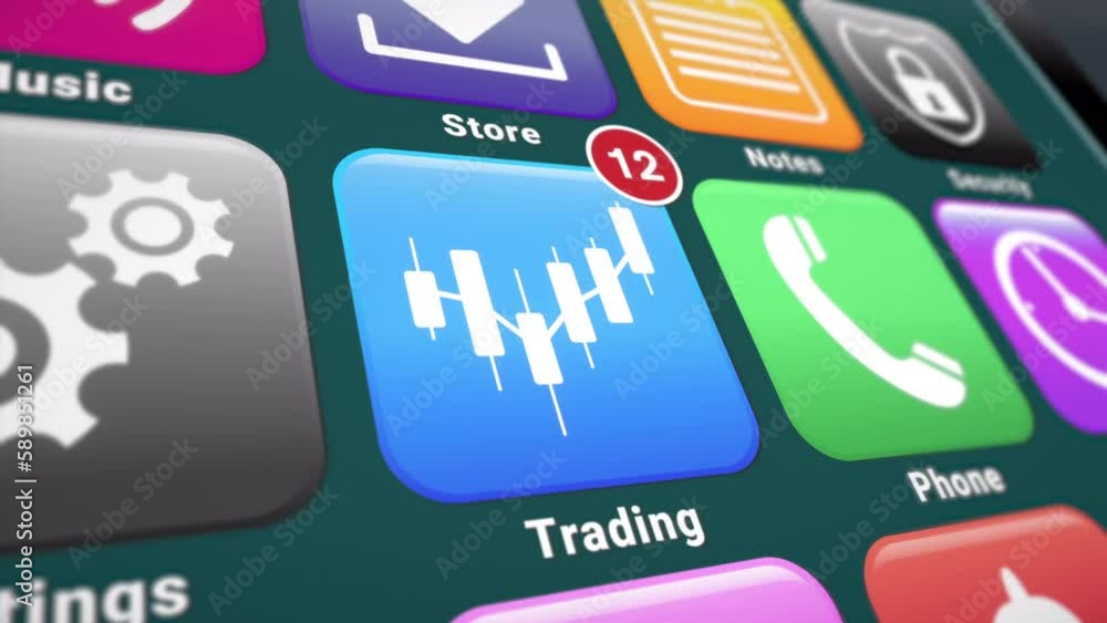 Poster video animation of a smartphone screen. in focus a trading app with notifications. moving background